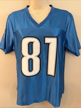 NFL Team Women’s Blue V-Neck with 81 Calvin Johnson Detroit Lions Jersey Medium